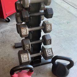 150lbs + dumbbells rack  