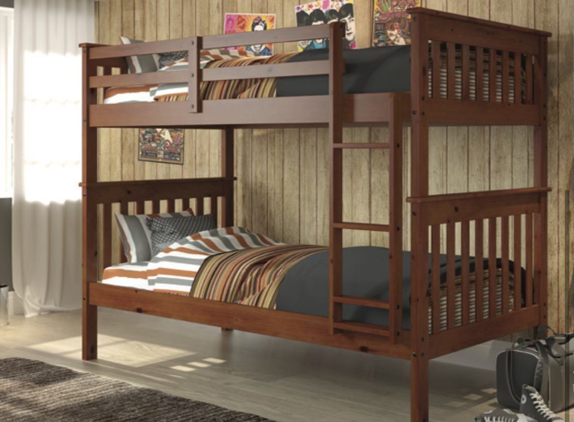 Brand New Twin Over Twin Size Wooden Cappuccino Bunk Bed With 2 New Mattress