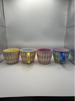 Vintage Hand Painted Pastel Harlequin Check Mug Set of 4