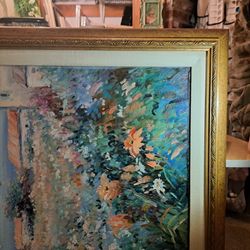 Large painting of victorian dress in floral setting, in vintage gold frame