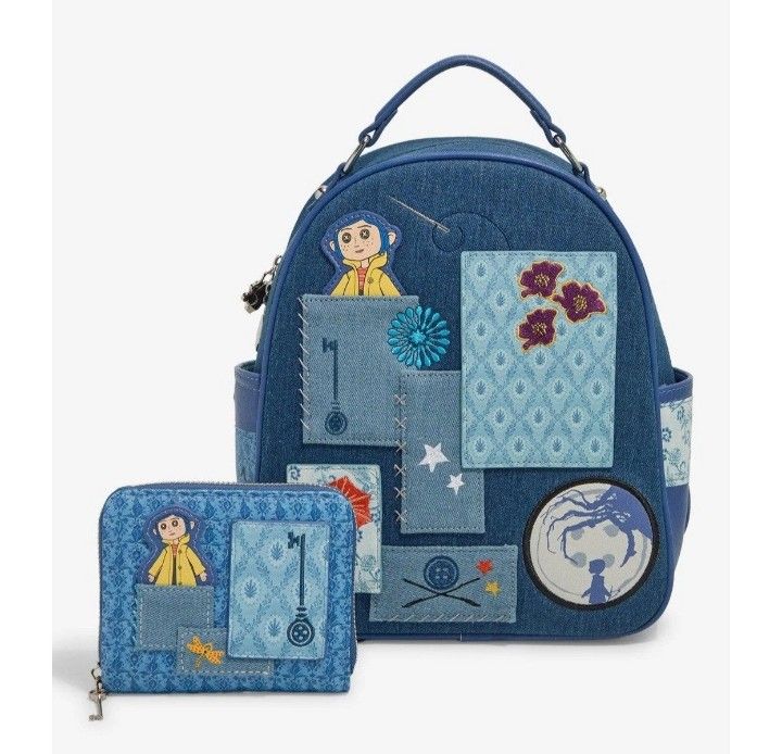Loungefly Coraline Denim Backpack Wallet Accordion Set Patchwork - New With Tags
