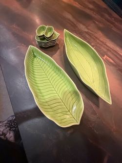 Green Ceramic Tropical Leaf Serving Platter Set – 12 Pieces