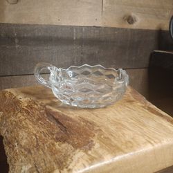 Maganese Glass (UV REACTIVE) Vintage Fostoria American square candy dish with single handle.