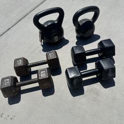 weight set dumbbells 10 lb, Cast Iron Hex  25lb, Kettlebells 20lb, 35lb