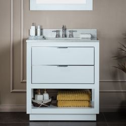 WOODBRIDGE Venice 30"x21"x33" Solid Wood Bath Vanities Side Cabinet in White with Brushed Nickel Trim and Engineered Stone Composite Vanity Top in Car