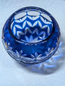 Cobalt Blue Cut to Clear Glass Candle Holder Tea light Votive 2.5" x 3.5"