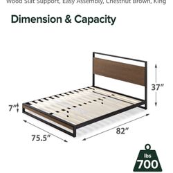Used King Bamboo and Metal Platform Bed Frame, Solid Steel Construction, No Box Spring Needed, Wood Slat Support, Easy Assembly, Chestnut Brown, King