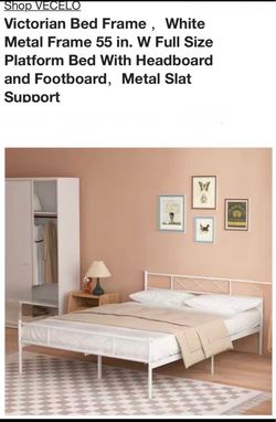 Full-size   Victorian Bed Frame, White Metal Frame 55 in. W Full Size Platform Bed With Headboard and Footboard, Metal Slat Support new I N box