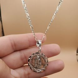 925 Silver Virgen Guadalupe Necklace 24"