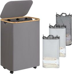 Lagre Laundry Basket with Wheels, Laundry Hamper with Lid, 160L Clothes Hamper for Laundry with 3 Liner Bags, for Laundry Room, Bedroom, Dormitory 