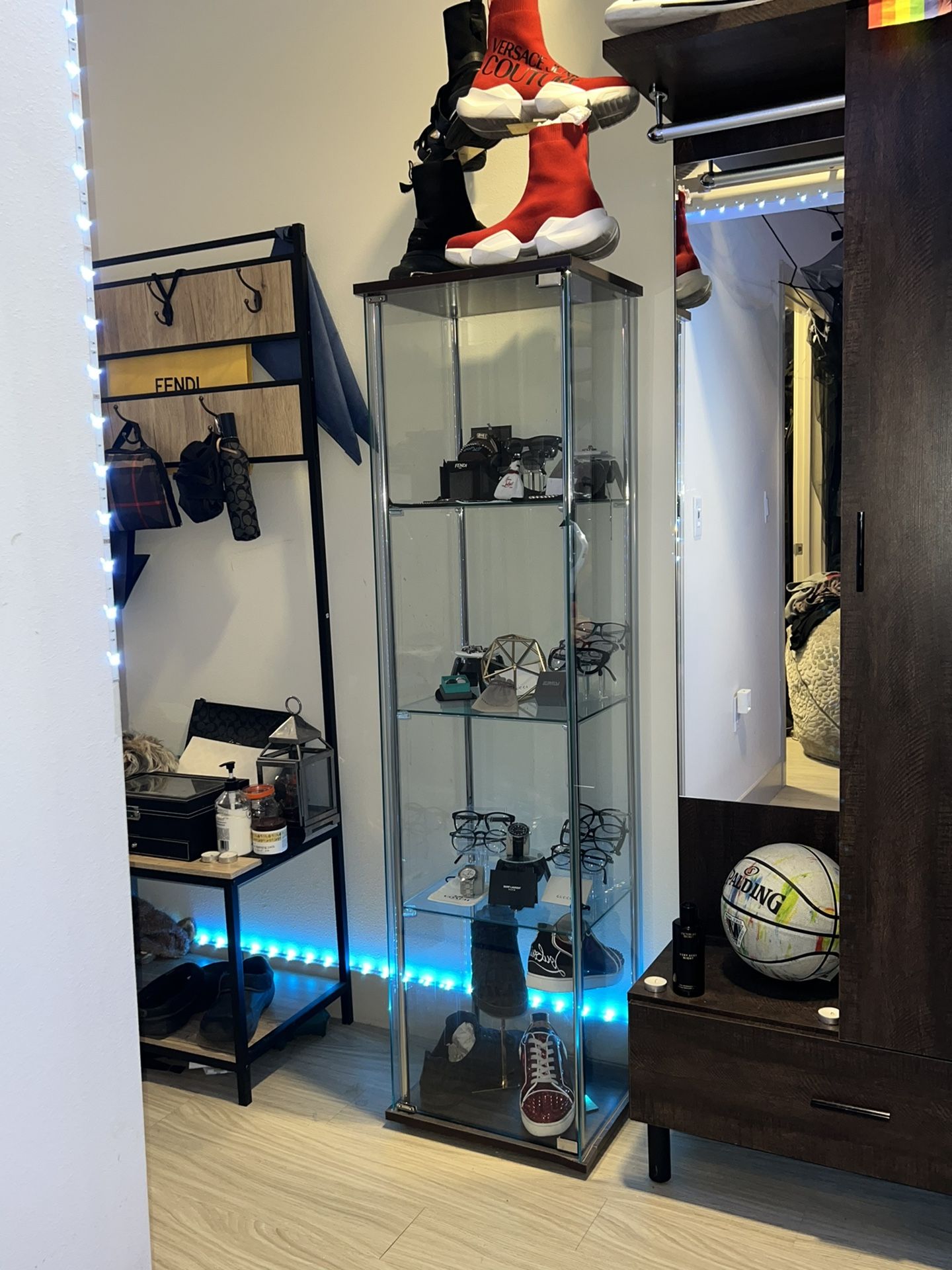 Glass Display Case Cabinet with Chrome Support w/ Wood Finish on Top and Bottom