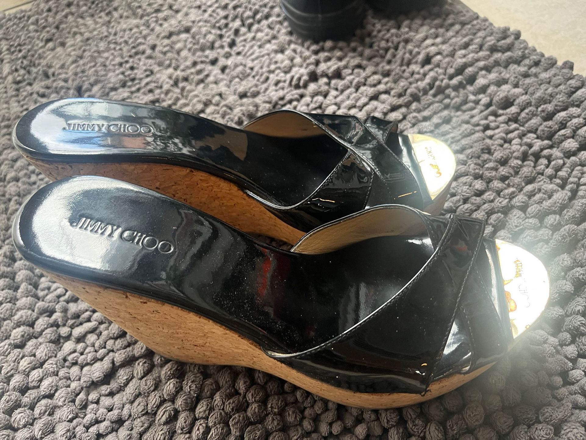 $69 OBO Wedges Black patent leather heels, cork used size 40 Jimmy Choo, sandals, ladies, designer luxury