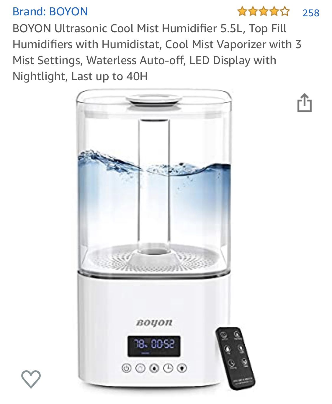 Ultrasonic Cool Mist Humidifier 5.5L w LED Display & Night Light