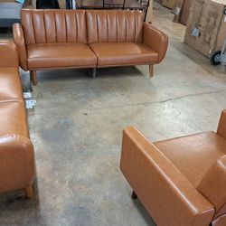 New 2 Modern Futon Sofa With 1 Accent Chair Faux Leather Camel See Pictures For Dimensions 