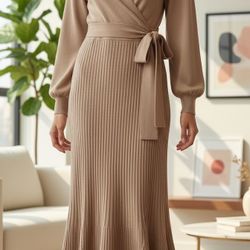 Elegant Taupe Wrap Midi Dress - Size Medium 