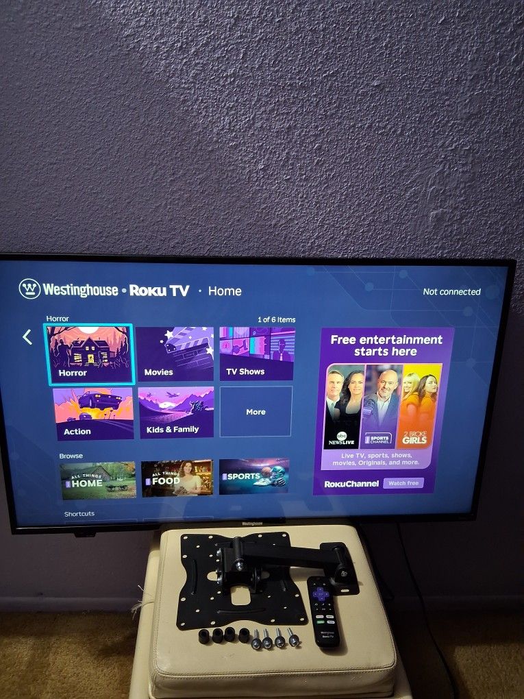 WESTINGHOUSE 43" 4K ULTRA HD ROKU SMART TV WITH HDR, WITH WALL MOUNT.