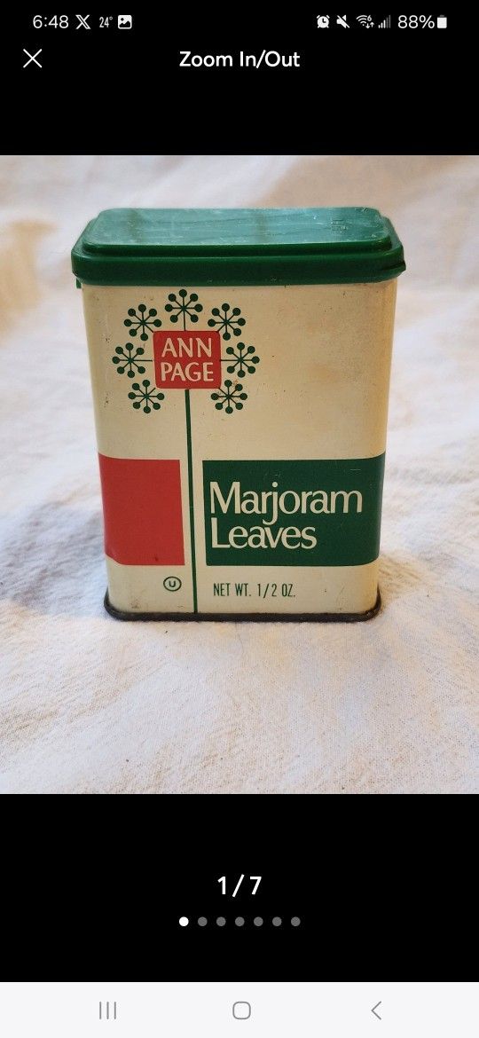Vintage Ann Page Marjoram Leaves Spice Tin. Approximately 3.25" x 2.5" x 1.25". Excellent Condition!! Almost full. Please see all pictures as part