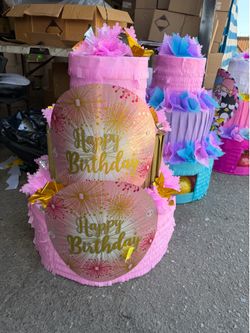 Girl happy birthday three tier pinata with balls