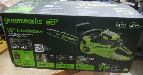 Greenworks (contact info removed) 60V 16" Brushless Chainsaw Kit With 2.5AH Battery & Charger. f(contact info removed)3.