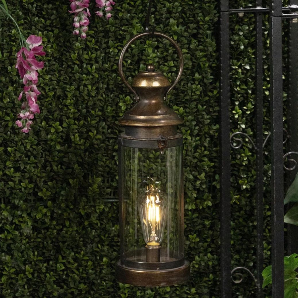 Gold Metal and Glass Lantern with Warm White LED- Small Battery Powered