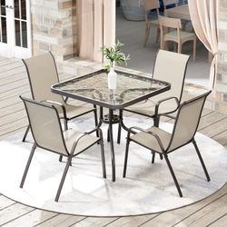 5 Pieces Outdoor Patio Dining Set, Glass Table and Textilene Chair | Stackable Chairs for Saving Space, 30"X30" Table with Metal Frame, 1.69" Umbrella