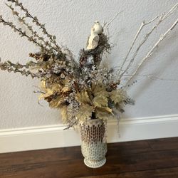 beautiful seasonal floral arrangement in vase fall winter silver gold artificial flowers leaves