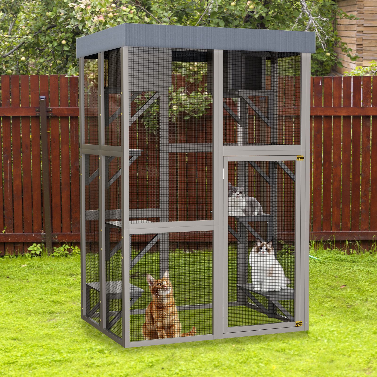 70.5" Tall Wooden Catio Outdoor Cat Enclosure, Gray Cat House Large Solid Wood Cage Playpen with 6 Jumping Platforms & 2 Napping Houses, Movable tarp