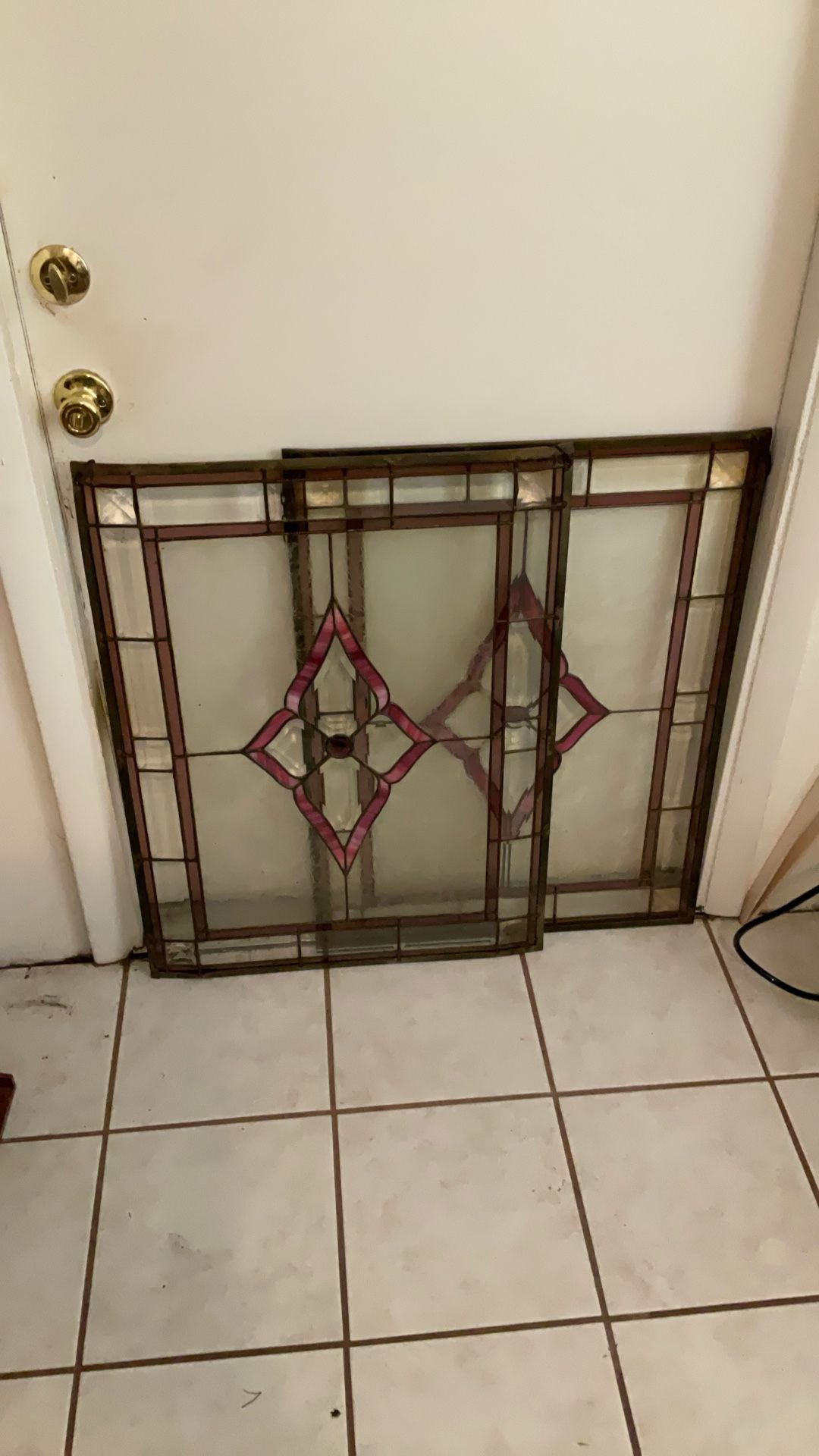 Two Vintage Leaded Framed Stain Glass Windows With Hangers 