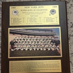 NEW YORK JETS SUPER BOWL III CHAMPIONS PLAQUE COMMEMORATIVE WOODEN NAMATH 1968