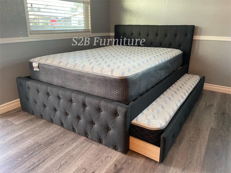 Full Twin Grey Frenchi Trundle Bed With Ortho Mattress Included!!