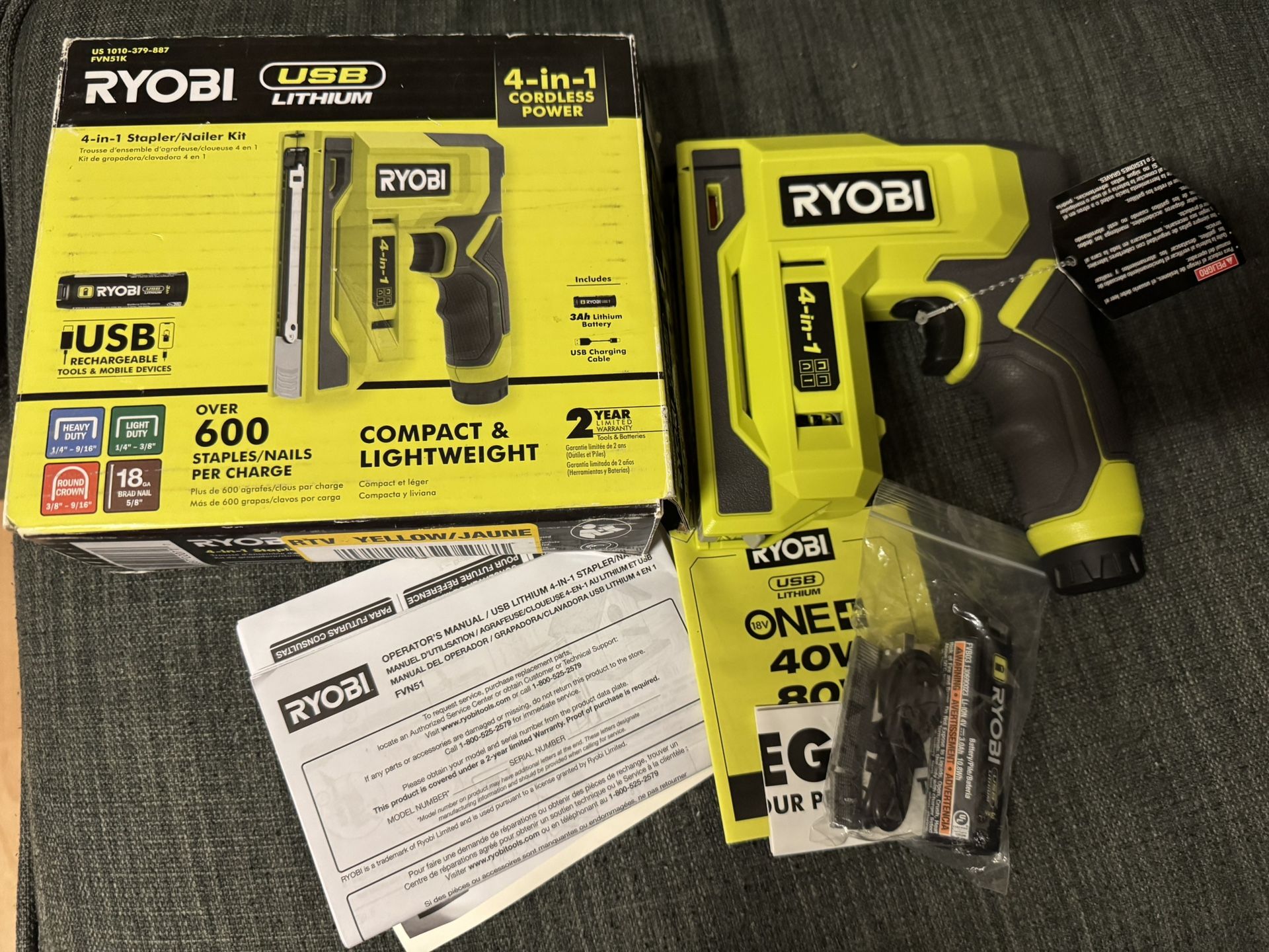 RYOBI USB LITHIUM 4-IN-1 CRAFT STAPLER/NAILER KIT CORDLESS POWER