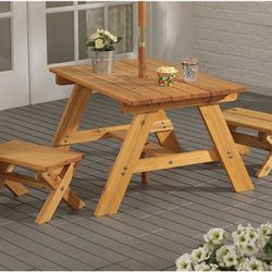 KidKraft Outdoor Wooden Table & Bench Set with Striped Umbrella, Children's Backyard Furniture, Turquoise and White, Gift for Ages 3-8, 