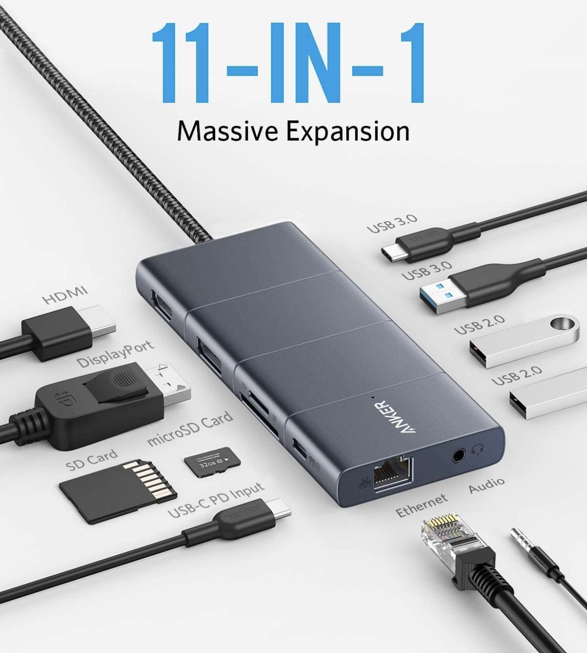 Anker USB C Hub, 11-in-1 USB C Hub Adapter, with 4K@60Hz HDMI and DP, 100W Power Delivery, USB-C and 3 USB-A Data 1 Gbps Ethernet, for Sale in Santa Fe