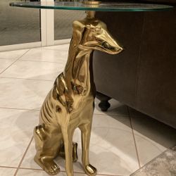Fabulous 23” H Gold Brass Metal & Round Clear Tempered Glass Greyhound Whippet Dog Side Or End Table.  Perfect Beside A Bed, Recliner, Sofa Or Couch! 