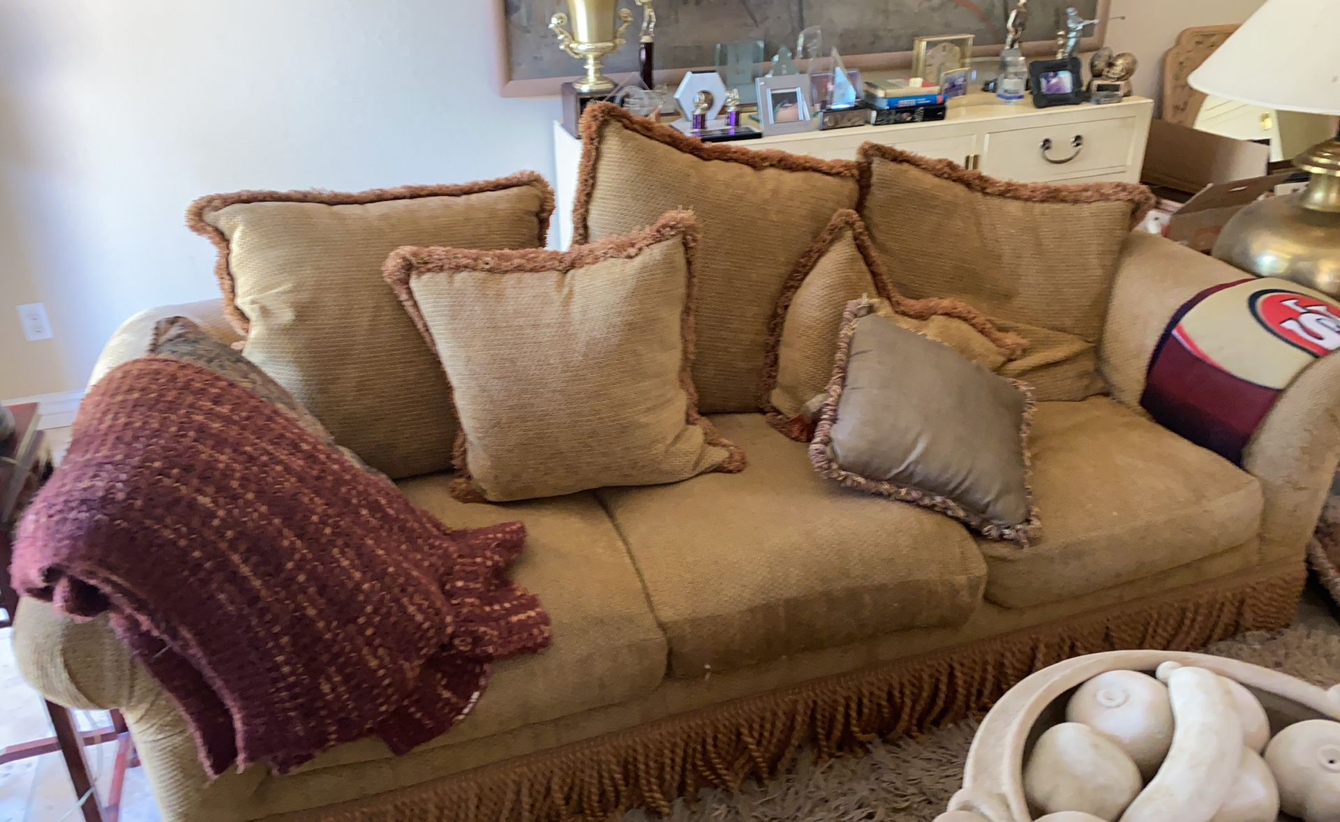 PAIR OF CUSTOM SOFAS AND OTTOMANS