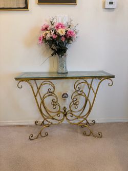 Vintage Gold Brass Glass Top Console Table
