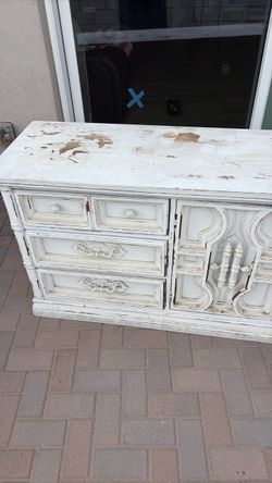 Vintage White Painted Wood Dresser with Cabinet