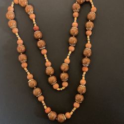 30” Brown Beaded Necklace With Silver Accent Decor