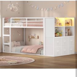 Bunk Bed Twin Over Twin with 6 Large Fabric Drawers & 4 Wooden Storage Bookshelf Organizer, Metal Low Bunk Bed for Kids with LED Lights & Safety Ladde