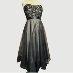 Black Lace Over Nude Strapless Midi Gown 14