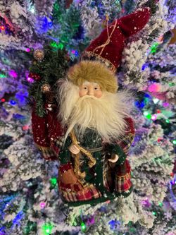 Vintage Rustic Old World Santa Ornaments Figures Plaid Faux Fur Lot of 5⁠