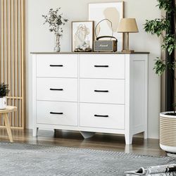 Homfa 6 Drawer Double Dresser, White Chest of Drawers Wood Storage Cabinet with Easy Pull Out Handles for Bedroom Living Room Entryway