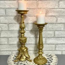 Baroque Victorian Ornate Tall Pair of Gold Pillar Candle Holders 16" & 12" H