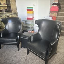 Black Leather Chairs With Silver Lining  + Ottoman