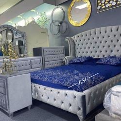 Gray Velvet Upholstered Master Bedroom Furniture Set 🌟 Color Options ⭐$39 Down Payment with Financing ⭐ 90 Days same as cash