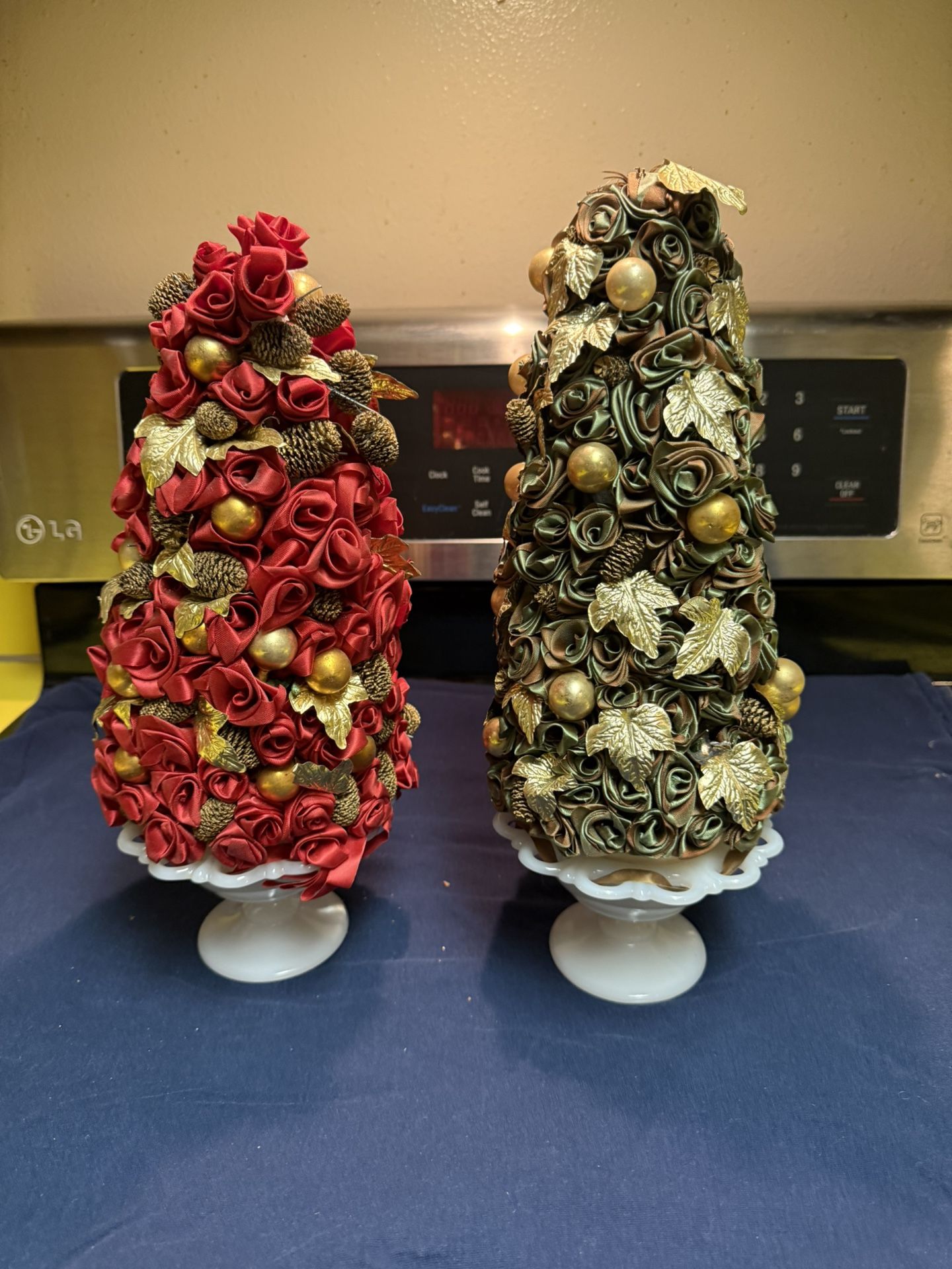 Two MCM Christmas Trees On Ceramic Stands 1960s