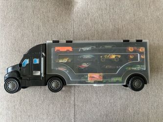 28 Pc Used Modern Matchbox Hotwheels Die Cast Toy Car Lot w/ Semi Truck Case Set