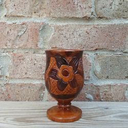 Vintage Small Handcarved Floral Wood Goblet 