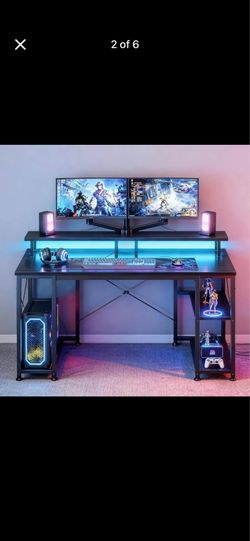 48"/55" Gaming Desk with LED Lights, Power Outlets & Monitor Stand – New in Box