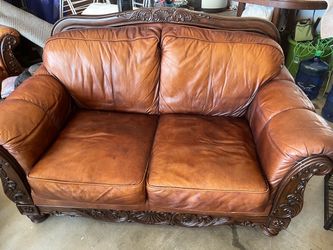 Leather Carved Wooden Couch Loveseat